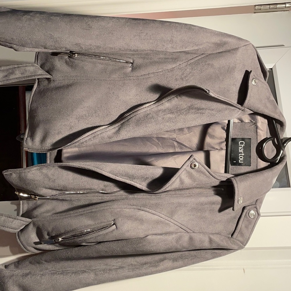 Gray Zip Faux Suede Leather Moto Jacket